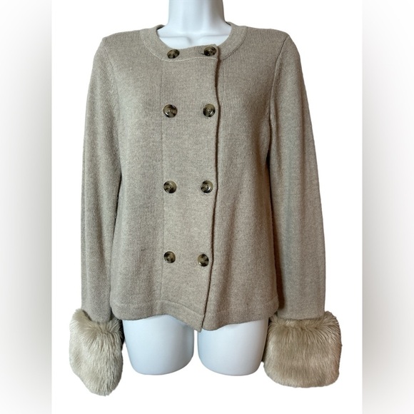 Banana Republic Cashmere Wool Blend Faux Fur Cuff Cardigan Beige Women’s Small - Picture 2 of 12